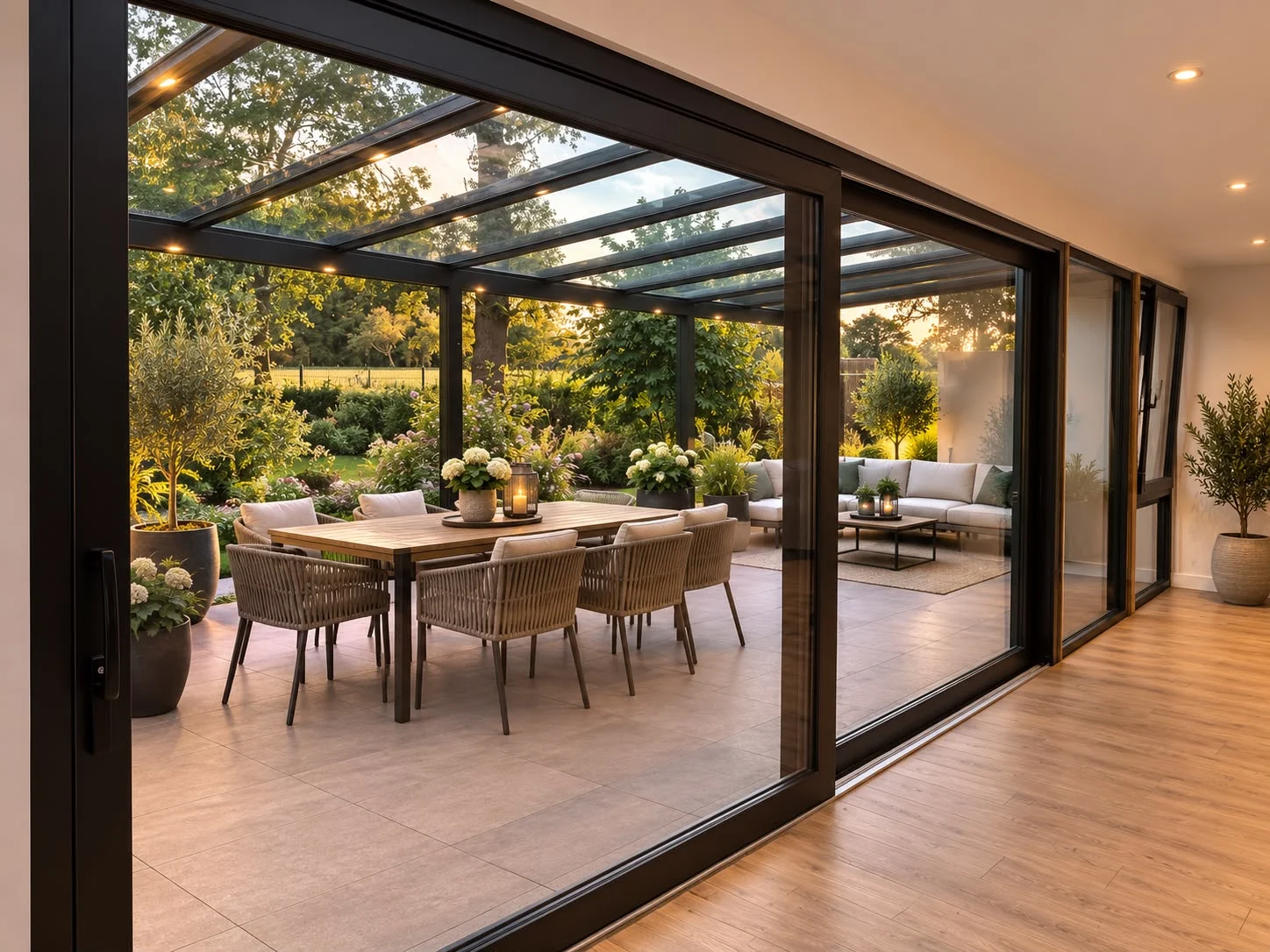 Bodentiefe Schiebeanlage aus Aluminium mit Blick auf die überdachte Terrasse, Fenster und Türen von der Glaserei Laugesen in Verden